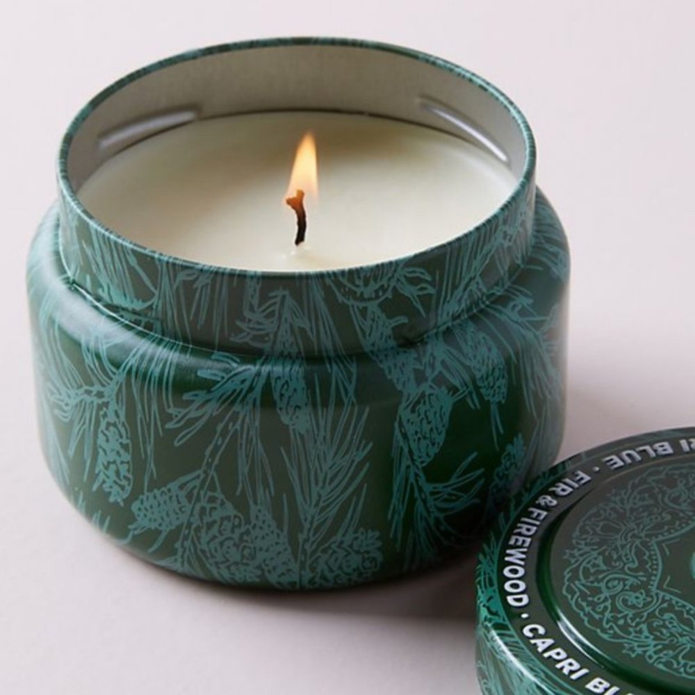 Capri Blue Fir & Firewood Tin Candle